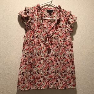 1.State Multicolor Floral Flutter Cap Sleeves Tie Neck Blouse Size S